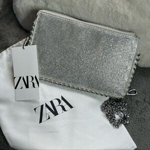 Zara Silver Studded Clutch/Wallet/Crossbody Bag Purse